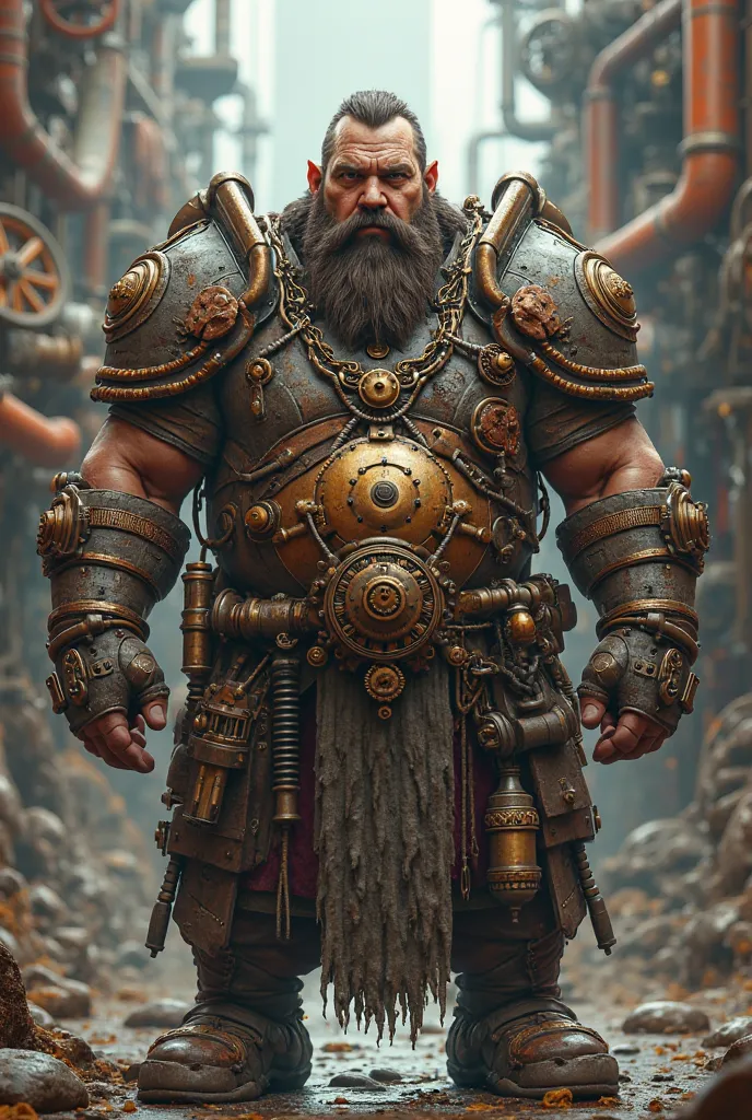 a dwarf with steampunk armor