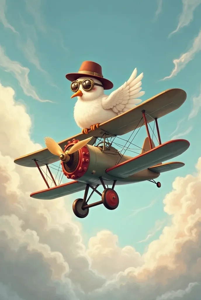 Drawing with cute features of a Dove with a hat and aviation goggles flying a biplane coming out of the clouds