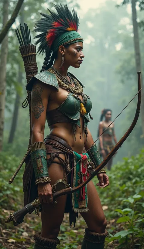 A fierce indigenous warrior woman from the Huni Kuin tribe in the Amazon rainforest, wearing armor and battle gear in the colors of Acre’s flag. Her toned body bears battle scars, and she wields a bow and dagger. The battlefield is a dense Amazon jungle, m...