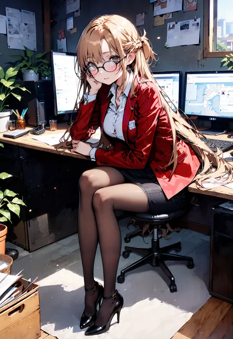 score_9, score_8_up, score_7_up, source_anime, Asuna Yuki , long hair, Hair,brown eyes, bangs,Medium breast,,half updo, suit, pencil skirt, jacket, shirt,black pantyhose,Stiletto Heels,Glasses, sitting on a chair with legs crossed, Interior , comput...