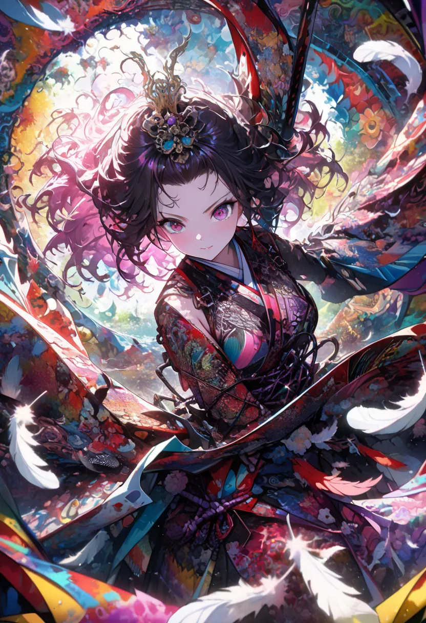 ((Female Samurai, Samurai, Bust up, Girl in fluid and dynamic pose, Loose, flowing pink Japanese armor, Mysterious expression, Black and pink curly hair, Modern abstract setting, Bold colorful abstract art, Bright lighting, (Zen tangle, Mandala, Tangle, En...