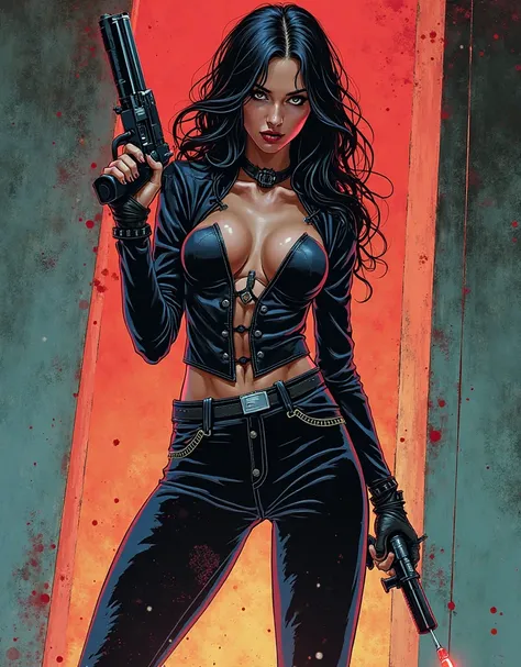 sexy Woman holding gun in one hand and a syringe in the other comic strip 
