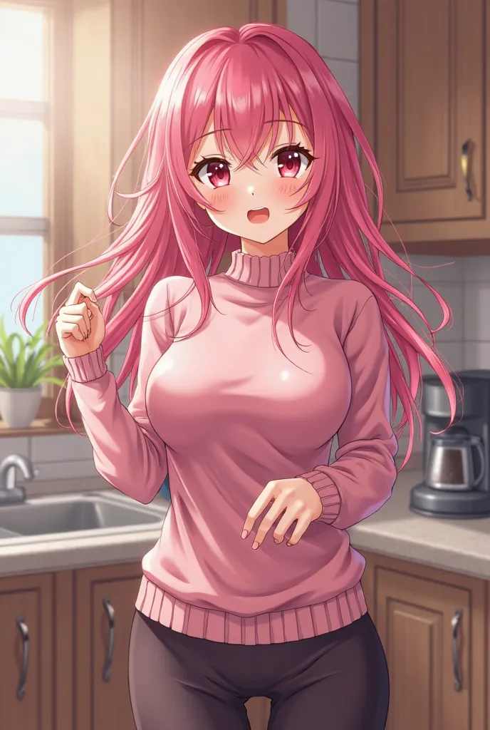 Make me a cute girl, with crimson red eyes and pink hair blowing in the wind, She wears a pink sweater that highlights her large and beautiful breasts with a curvaceous hourglass figure, but the clothes underneath she wears tight leggings that highlight he...