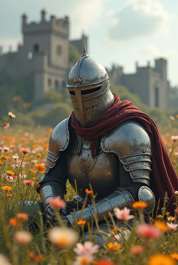 Create a realistic image of a medieval soldier in armor and wearing a fully enclosed helmet, lying on a flowery field. Lots of delicate and colorful flowers. In the background a ruined medieval castle. 