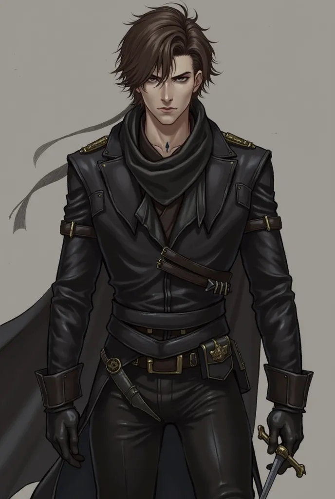 He has brown hair, dark brown eyes, almost black, a small but noticeable scar on his neck, he uses a dagger and a small sword in the other hand. His hair is short but wavy and he dresses like an assassin, wearing a black leather outfit and a scarf around h...