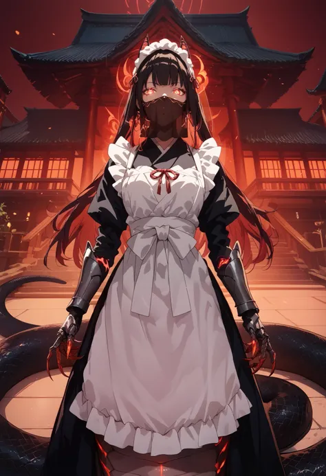 Lamia-style girl. Black snake body. Black straight hair. Face veil. Japanese maid outfit. Armored hand.. Spiky. Red glowing lines. Sharp claws. Glowing eyes. Cat pupils. Japanese-style architecture.