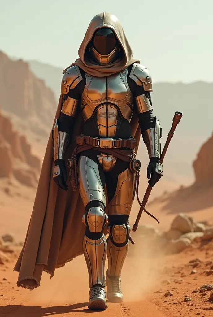 Generate with the photo a realistic image of the person wearing a futuristic metallic combat suit with a transparent helmet.  As a complement , He wears a hooded robe and wields a staff. Walking through a Martian landscape