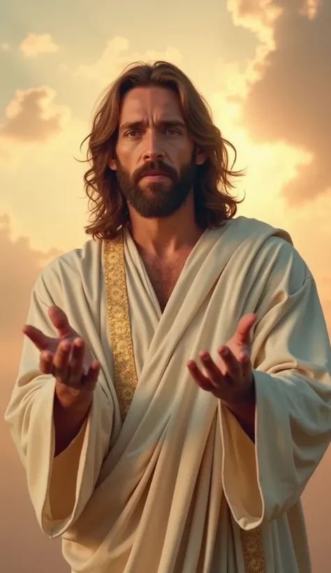 Jesus is set against a soft heavenly backdrop, with golden light shining in the background. He looks directly into the camera with tenderness and authority, hands outstretched invitingly. His white robe flows softly with subtle gold detailing. The backdrop...