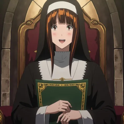 Beautiful 21 year old English nun, pretty smile, red hair, sitting in heavy wooden chair in a torch lit dungeon. She is tightly squeezing her large fancy modern religious certificate with green and gold details against her body, crumpling the certificate