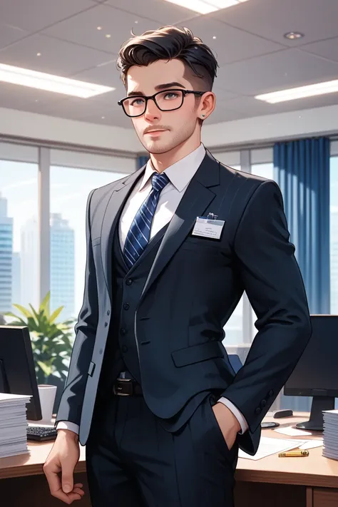  suit　 seems kind　Looks timid　 black hair　glasses　 male　Age 33　Background: Company