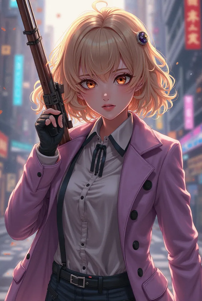 A woman with curly-haired rifle with loose blonde lights, brown eye color and lilac coat Anime style 