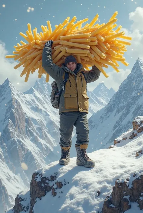 A man carrying a large pasta penne on top of a mountain