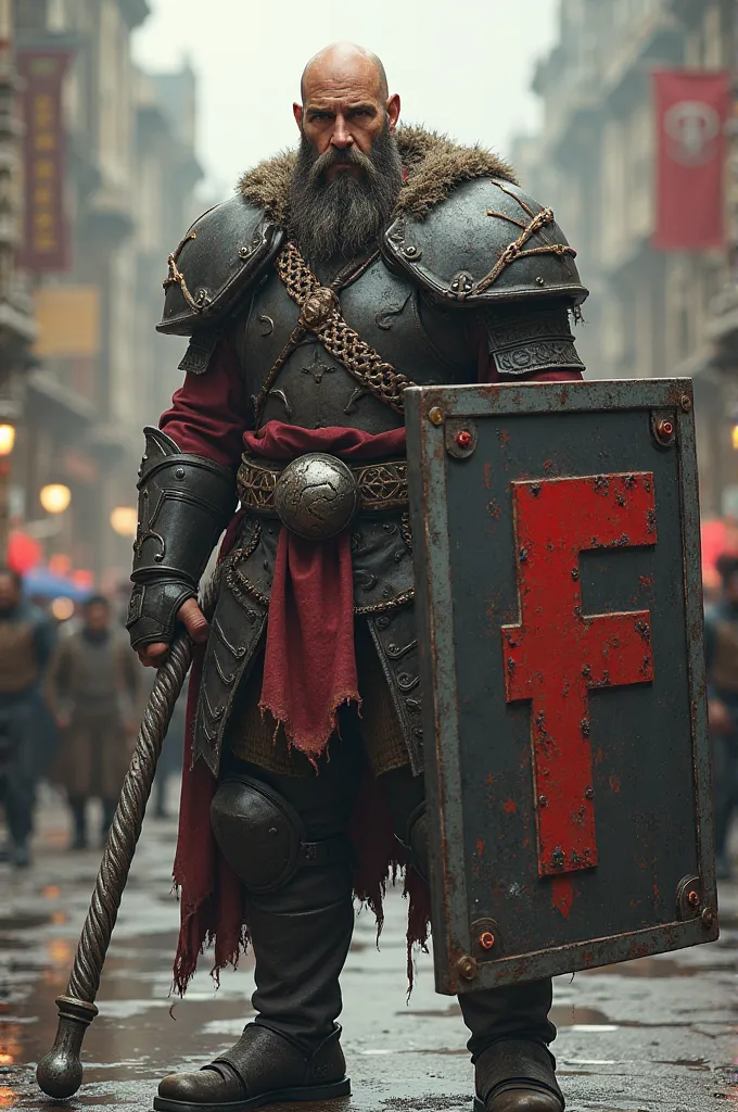 Create a bald man,medium beard,his armor has a large "F written on it",Young, 2, 50 tall . He carries a large steel cable with a round ball and a huge, square shield, with a big "F red written on it". The bald man is standing in a busy city.