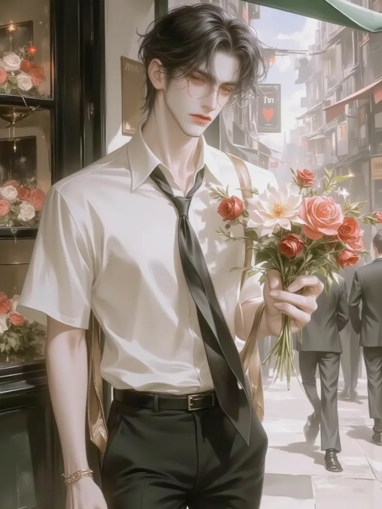  , young man , Age 26 years,  Molding  , body, , brown eyes with a tight grip.,   facing side   , Yellow-white skin    , Short black hair, wearing glasses  ,    ,    , wearing a cream shirt, wearing a tie  ,  black trousers  , , Behind it is a flower shop ...