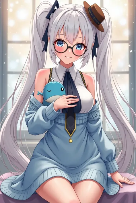 
An anime-style illustration of a beautiful female character with long, flowing white hair styled into two voluminous high pigtails. She has striking blue eyes, subtle blush on her cheeks, and wears elegant yet stylish glasses. A small blue whale with a br...