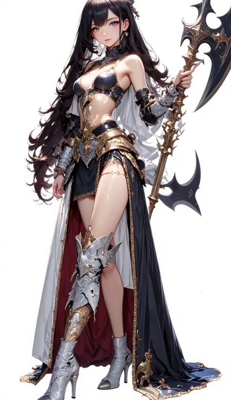 (Masterpiece:1.5,Top Quality:1.3,Amazing Quality:1.3), (Anime Character), ((nsfw)), Solo, Full Length, Chiara, 1 Girl, ((Sexy cute woman:1.5)), White Skin, Silver Gauntlets, Silver Boots, Western Armor, Shining Clothes, gleaming decorations, ((with big axe...