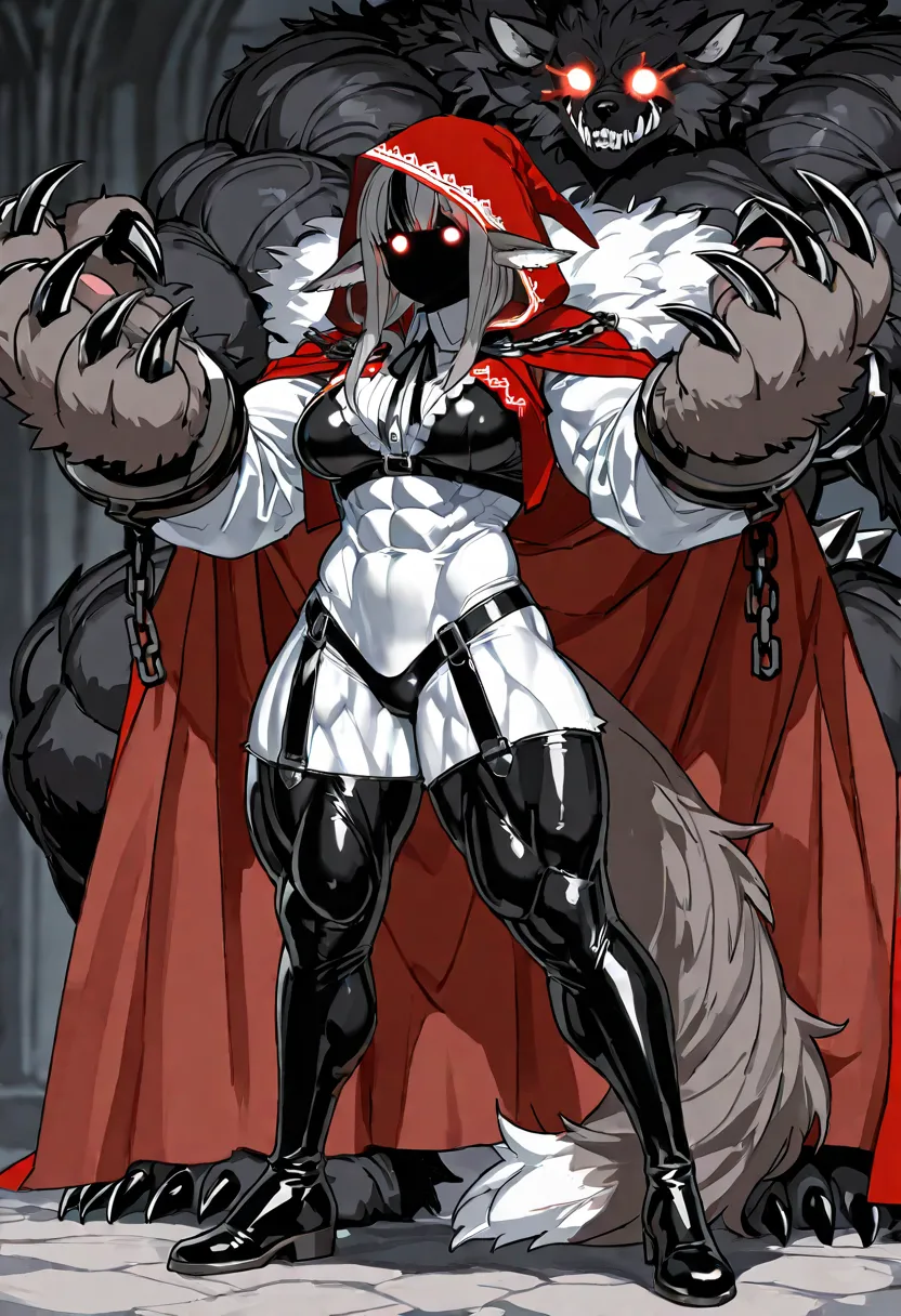 velouria (fire emblem), ,（（（six pack abs）））, 1girl, ,fluffy black monster paws, 4 black and white stripped claws, no pawpad, spiky fur,DOLLSUIT, faceless, no face, Beast, standing, abs hypermuscle, hyper muscles, chain, muscular female, abs, shemeir penis,...