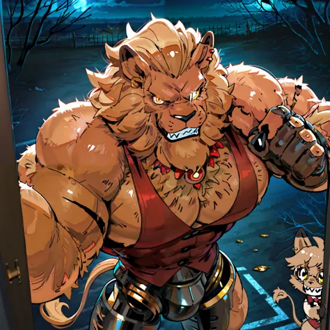 score_9, score_8_up, score_7_up, score_6_up, dynamic pose,masterpiece,anthro,solo, (Cornelius, Male, furry, Lion anthro, Medium muscular lion, no mane, brown, light brown lion, feline, long brown pony tail hair, lion ears, wearing tiny gold round glasses, ...