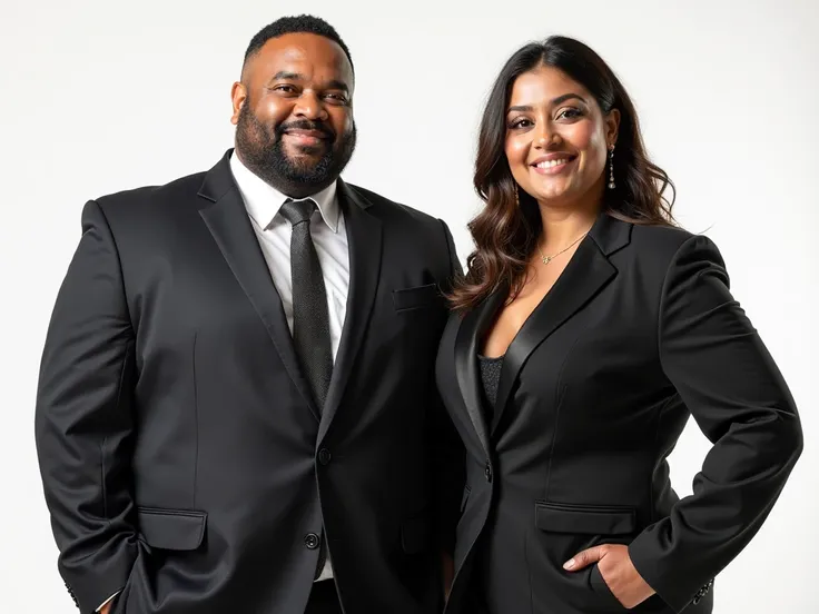 Create a hyper-realistic image in 4K with a transparent background (png) of a chubby man and a woman, both positioned side by side. Both must be dressed in high quality executive suits, that express wealth,  Sophistication and Professionalism . The man mus...