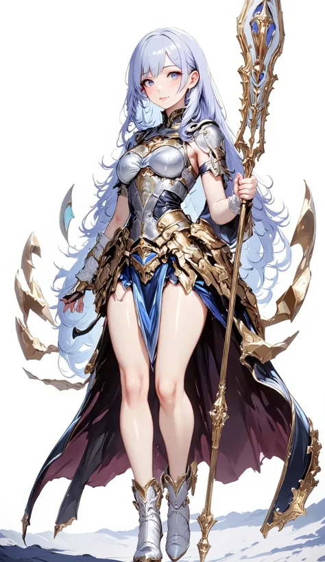 (Masterpiece:1.5,Top Quality:1.3,Amazing Quality:1.3), (Anime Character), ((nsfw)), Solo, Full Length, Chiara, 1 Girl, ((Sexy cute woman:1.5)), White Skin, Silver Gauntlets, Silver Boots, Western Armor, Shining Clothes, gleaming decorations, ((with big spe...