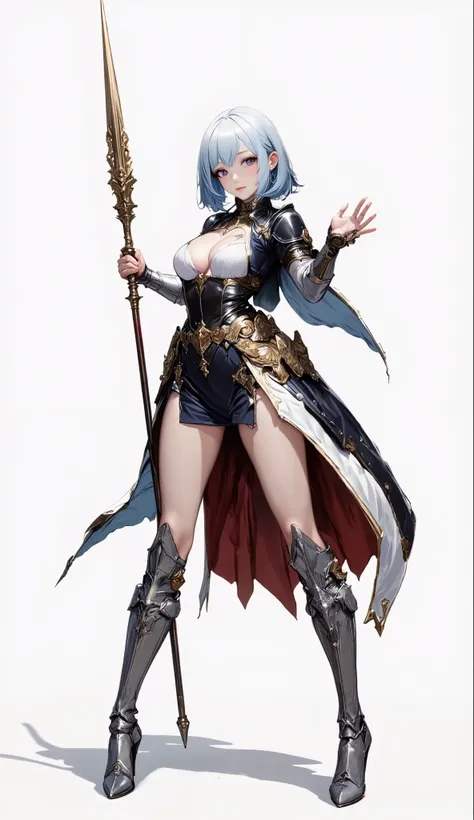 (Masterpiece:1.5,Top Quality:1.3,Amazing Quality:1.3), (Anime Character), ((nsfw)), Solo, Full Length, Chiara, 1 Girl, ((Sexy cute woman:1.5)), White Skin, Silver Gauntlets, Silver Boots, Western Armor, Shining Clothes, gleaming decorations, ((with big spe...