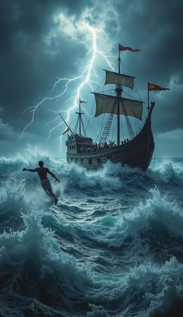 "Intense scene of a raging sea under a dark, stormy sky. Giant waves crash against the ancient wooden ship as it struggles to stay afloat. Lightning illuminates the heavy clouds, revealing the panicked sailors as they throw Jonah overboard. Jonah is captur...