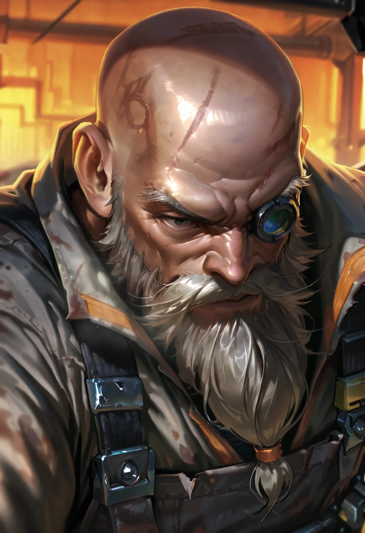 Score_9, Score_8_up, Score_7_up, Score_6_up, masterpiece, portrait, best quality, upper body, 1male, old male, big beard, bald, mechanic outfit, dirty outfit, L0LSPL4SH,