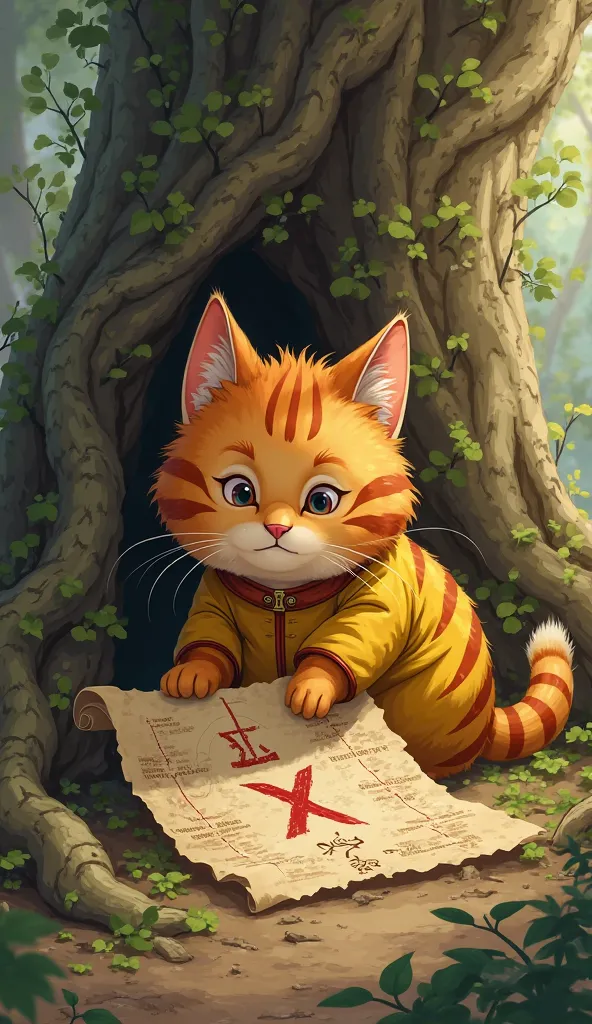 "Xi Oyen, a plump ginger cat with dark orange stripes, perks up his ears as he notices an old, rolled-up map stuck between the twisted roots of a large ancient tree. His yellow jacket slightly puffs up as he bends down, and his round striped belly presses ...