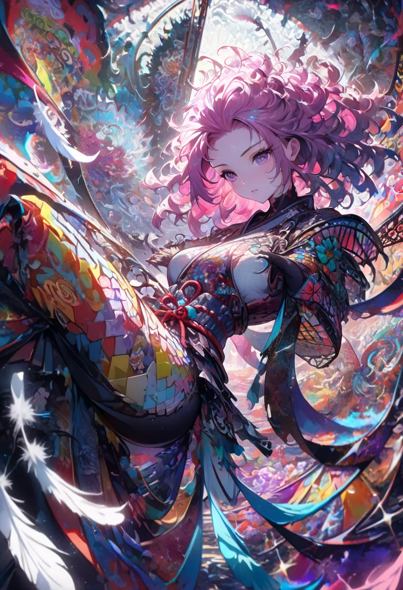 ((Female Samurai, Samurai, Bust up, Girl in fluid and dynamic pose, Loose, flowing pink Japanese armor, Mysterious expression, Black and pink curly hair, Modern abstract setting, Bold colorful abstract art, Bright lighting, (Zen tangle, Mandala, Tangle, En...