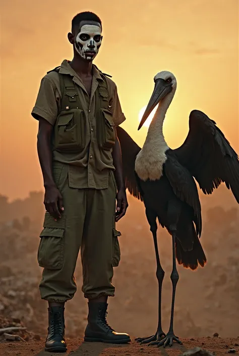 "A young African  with deep, rich brown skin, marked by a natural full face white spot that cover all his face resembling a skull-like pattern. He has an intense, solemn expression, conveying resilience and strength. Dressed in a rugged soldier’s uniform, ...