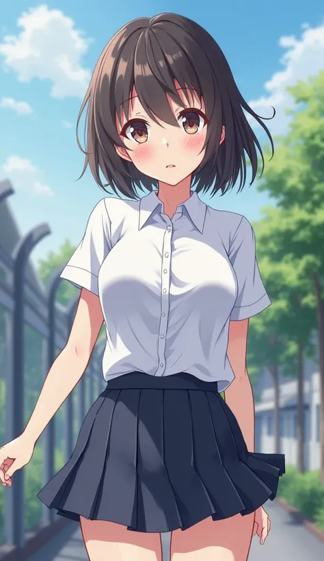 Anime Beautiful sexy schoolgirl, white short-sleeved t-shirt, collared t-shirt, unbuttoned t-shirt on the breasts, huge 1.3 breasts, short dark blue pleated mini skirt, shorter than normal, in the schoolyard