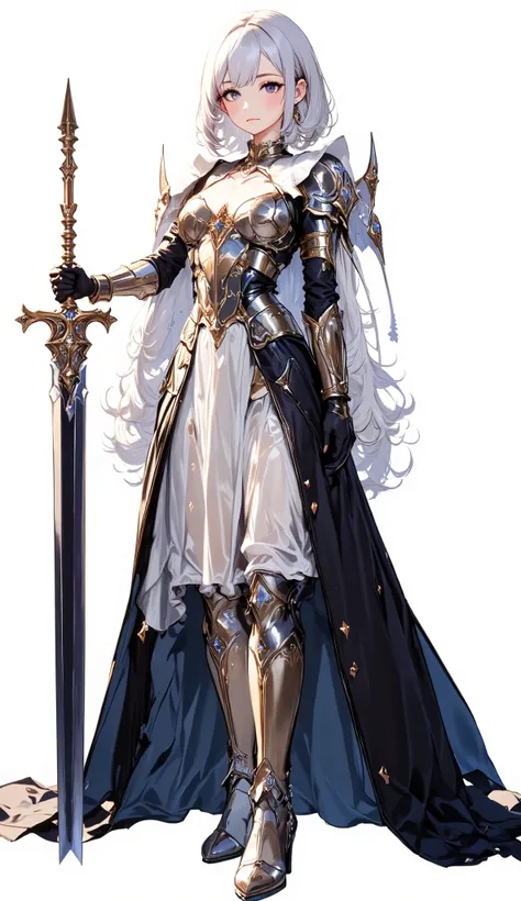(Masterpiece:1.5,Top Quality:1.3,Amazing Quality:1.3), (Anime Character), ((nsfw)), Solo, Full Length, Chiara, 1 Girl, ((Sexy cute woman:1.5)), White Skin, Silver Gauntlets, Silver Boots, Western Armor, Shining Clothes, gleaming decorations, ((with big Cla...