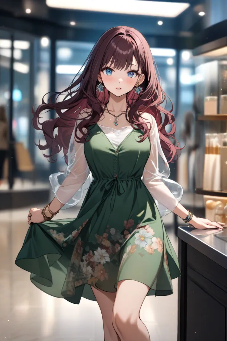 1 girl, alone, long hair, breasts, looking at viewer, blush, bangs, burgundy hair, dark burgundy hair, dress, blue eyes, holding, jewelry, standing, collarbone, earrings, parted lips, indoors, necklace, bag, blurred, bracelet, lips, transparent, blurred ba...