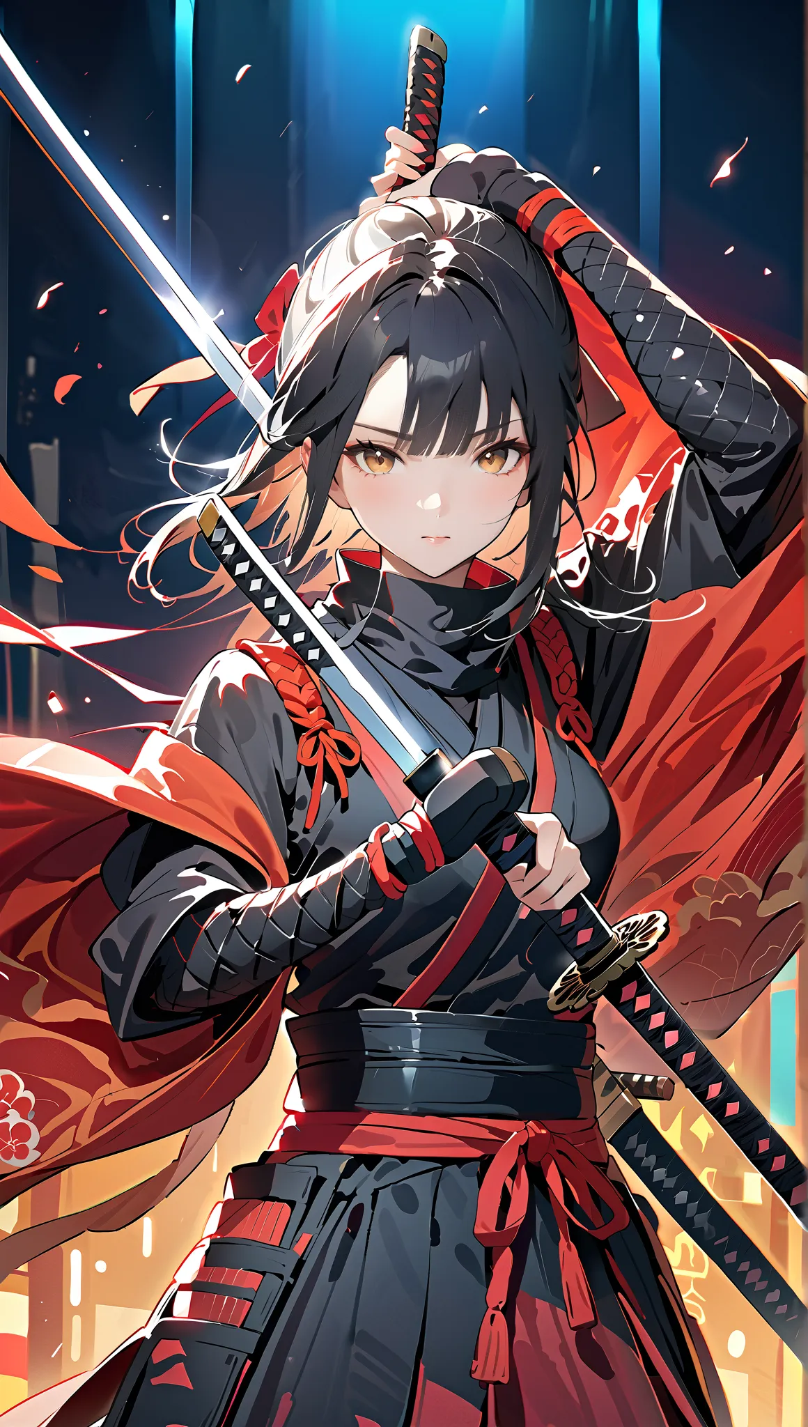  vector art、((female ninja))、female ninja、cute、Beautiful work、Light production,((Highest quality、masterpiece、Highest quality、High resolution、8k、detailed、ultra-detailed:1.3))、 dynamic posing,(((((have a katana,black painted scabbard ,one sword :1.3)))))