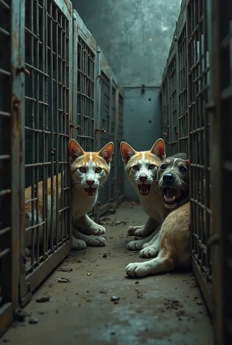 Cats and dogs in cages