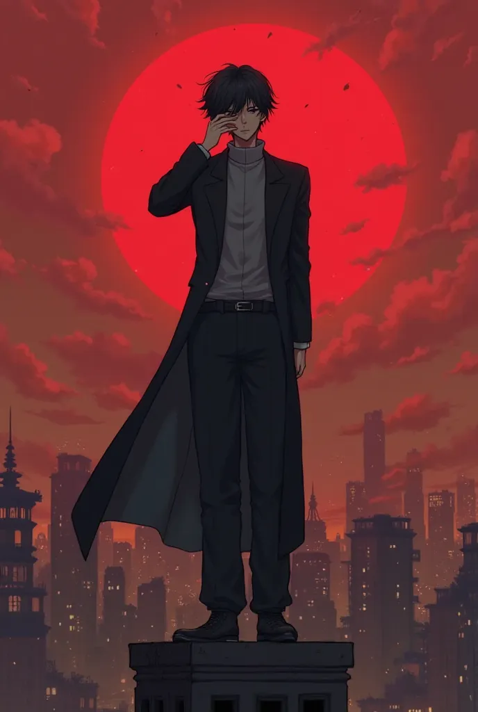 An anime boy with black hair , he wears a grey turtle neck suit , and outside is a black coat , and he is also wearing long black wide pants, he is quite tall , he is putting his hand to his face and holding a positive mask that covers a corner of his face...