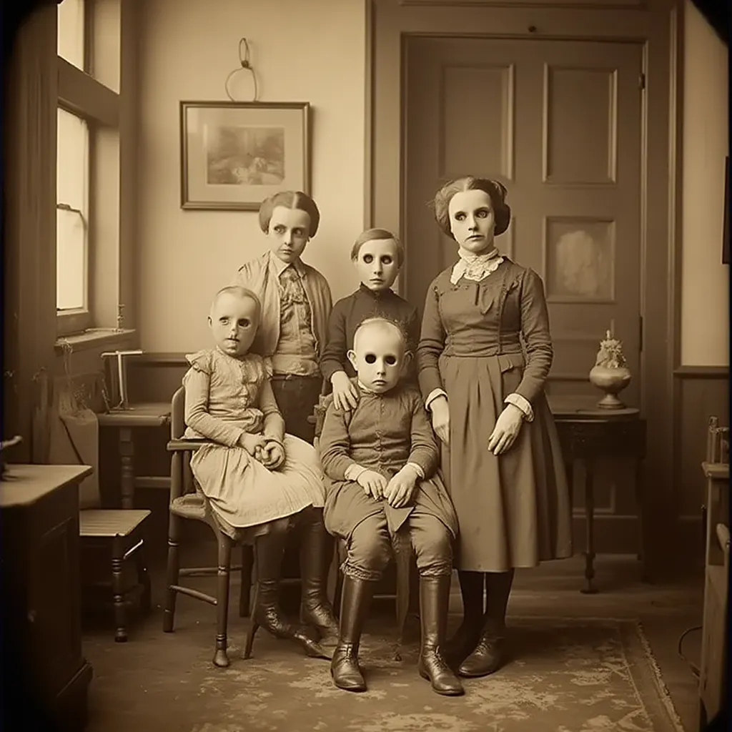 A family photo taken in a vintage living room, filled with wooden furniture and 1930s decor. Everyone is seated normally, except for a woman in the corner who appears twice in the same photo: once sitting and once standing, staring at the camera with hollo...