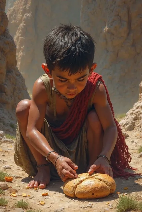 The  Spartan boy, young warrior, crouches down, picking up a piece of hard bread from the floor and slowly biting into it.