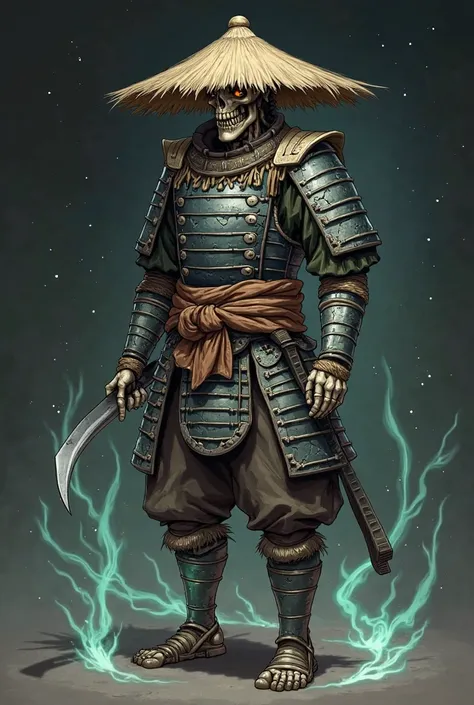 Create a detailed 2D illustration of an undead samurai skeleton warrior designed as a game summon. The character should feature a slightly worn, polished straw hat (kasa) with frayed edges, traditional samurai armor with layered, cracked metal plates, and ...