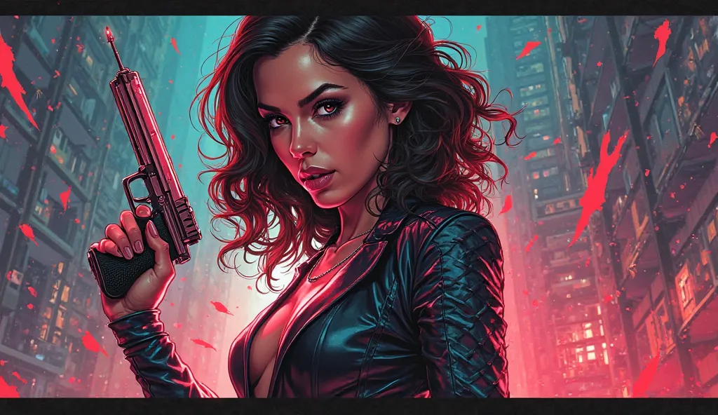 sexy Woman holding gun in one hand and a syringe in the other comic strip 
