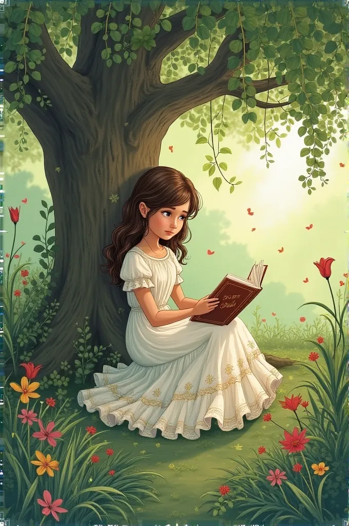 Painting of a brown-haired girl , in a white dress sitting under a tree in a garden and reading Peter Pan, It looks like a drawing