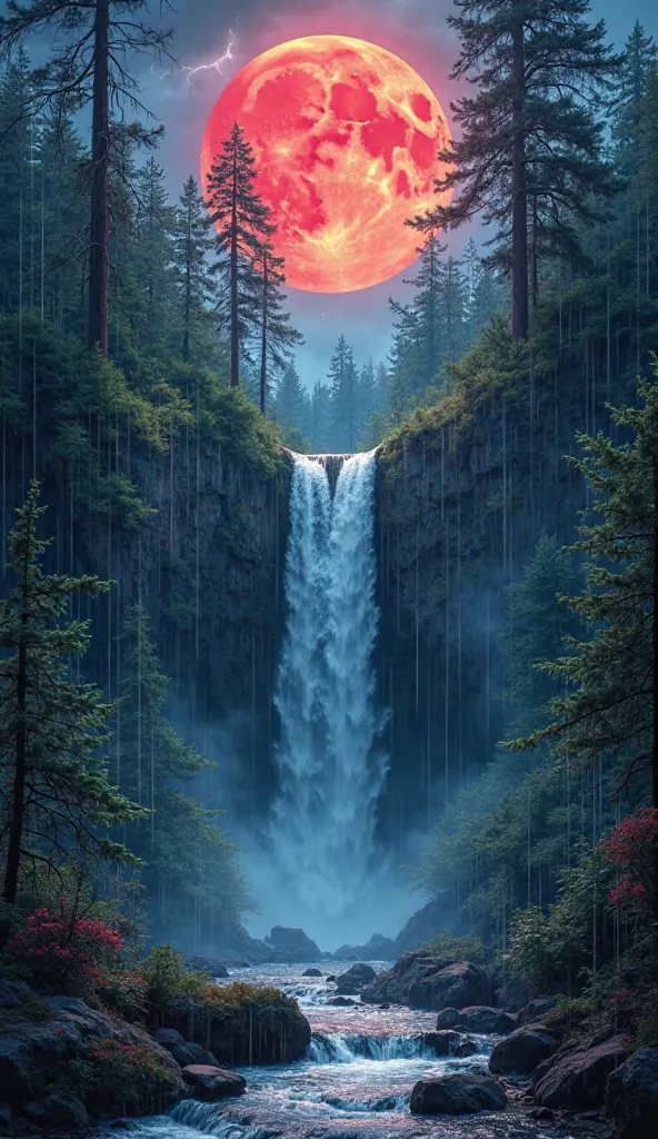 *In the heart of a lush, vibrant forest, a majestic waterfall cascades down from towering cliffs, surrounded by giant, ancient trees. The serene landscape is illuminated by the ethereal glow of a full red moon that casts a mesmerizing light across the scen...