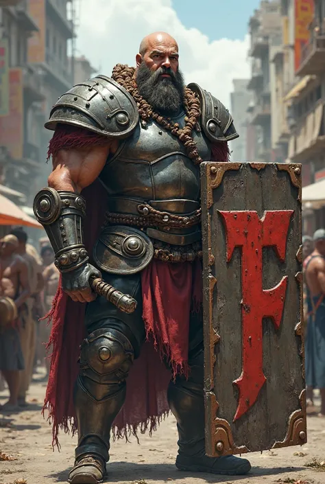 Create a bald man,medium beard,his armor has a large "F written on it",Young, 2, 50 tall . He carries a large steel cable with a round ball and a huge, square shield, with a big "F red written on it". The bald man is standing in a busy city.