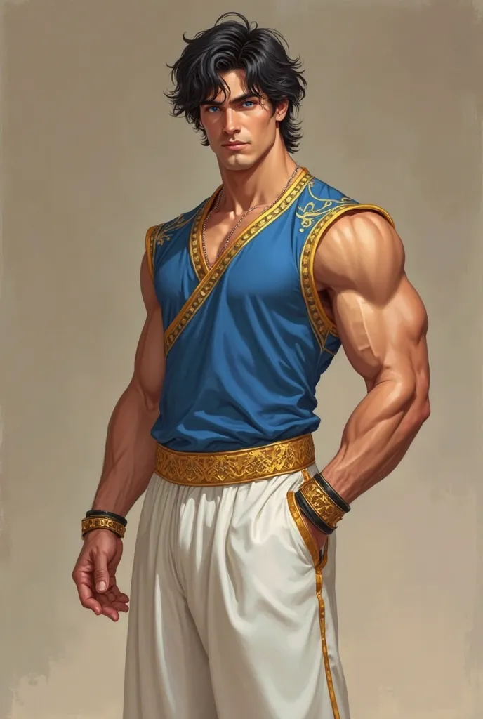 black haired man,blue eyes,ivory skin,and full lips,and muscular , dressed up with a blue sleeveless vest type t-shirt,  with golden edges ,wide and comfortable white pants,with a design that simulates traditional Arab clothing.A gold waist that highlights...