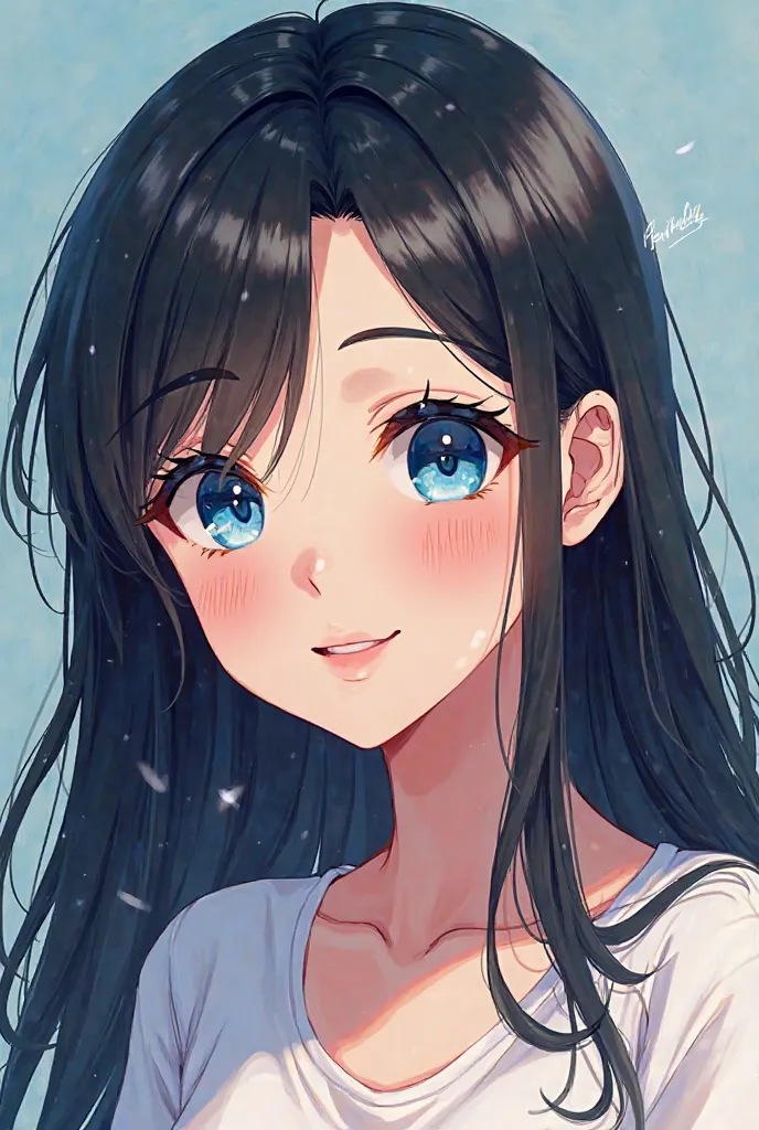 A smiling 18-19 year old girl wearing casual clothes with long black hair and blue eyes blue lock anime style