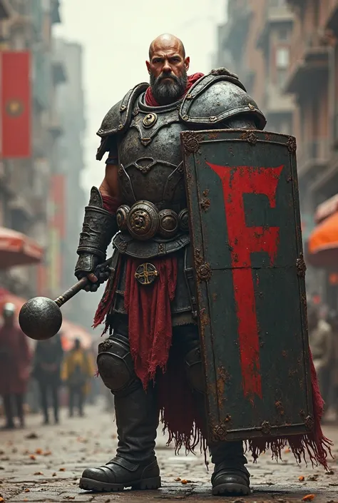 Create a bald man,medium beard,his armor has a large "F written on it",Young, 2, 50 tall . He carries a large steel cable with a round ball and a huge, square shield, with a big "F red written on it". The bald man is standing in a busy city.