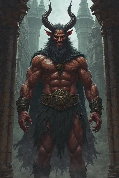 The handsome beast man with demon horns.brown colour.The beastman prince.black and dark castle.smiling like a demon.muscular and tall.