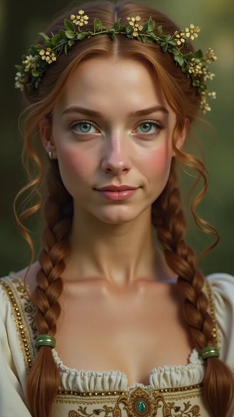 (Extreme close-up, Face-focused portrait)) A close-up portrait of a gentle and wise medieval princess with soft emerald-green eyes. Her chestnut-brown hair is gently braided, adorned with small golden leaves and a delicate circlet of ivy. She wears a simpl...