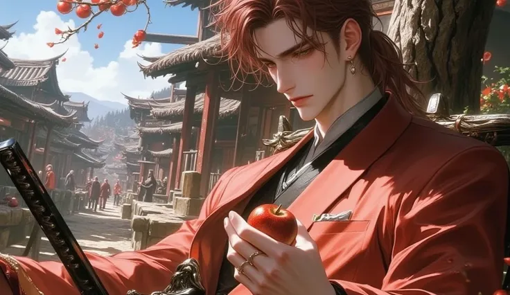 the village is very clearly visible against the background and its inhabitants. He's sitting quietly in the village, it's sunny, he's resting and eating apples. a man with long hair pulled back in a high ponytail and one strand of bangs reaching his chest....