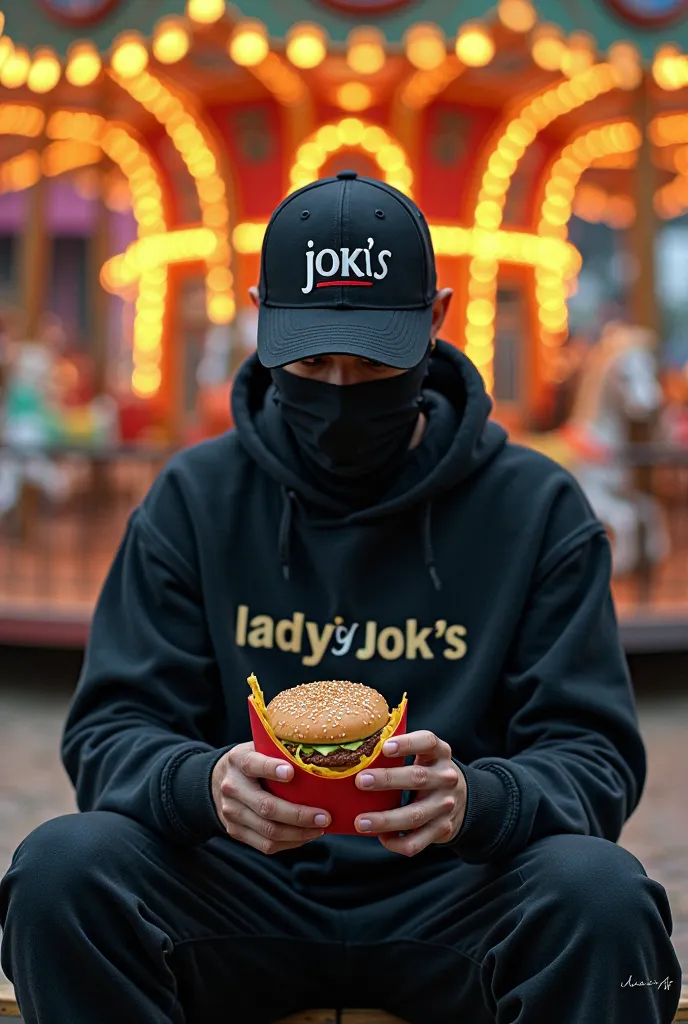 Un homme avec un masque Anonymous une casquette noire c'est écrit jok's dessus. Il porte un sweat noir c'est écrit LadyJok'sur le pull. Jogging noir. Devant un carousel. C'est écrit Jok's sur le manège.assis avec un Big Mac et des frites dans les mains 